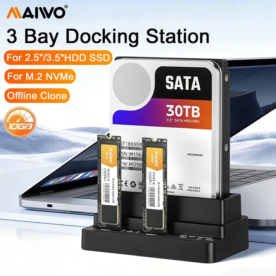 MAIWO 3 Bay M.2 NVME SSD Docking Station & 2.5 3.5 Inch SATA HDD