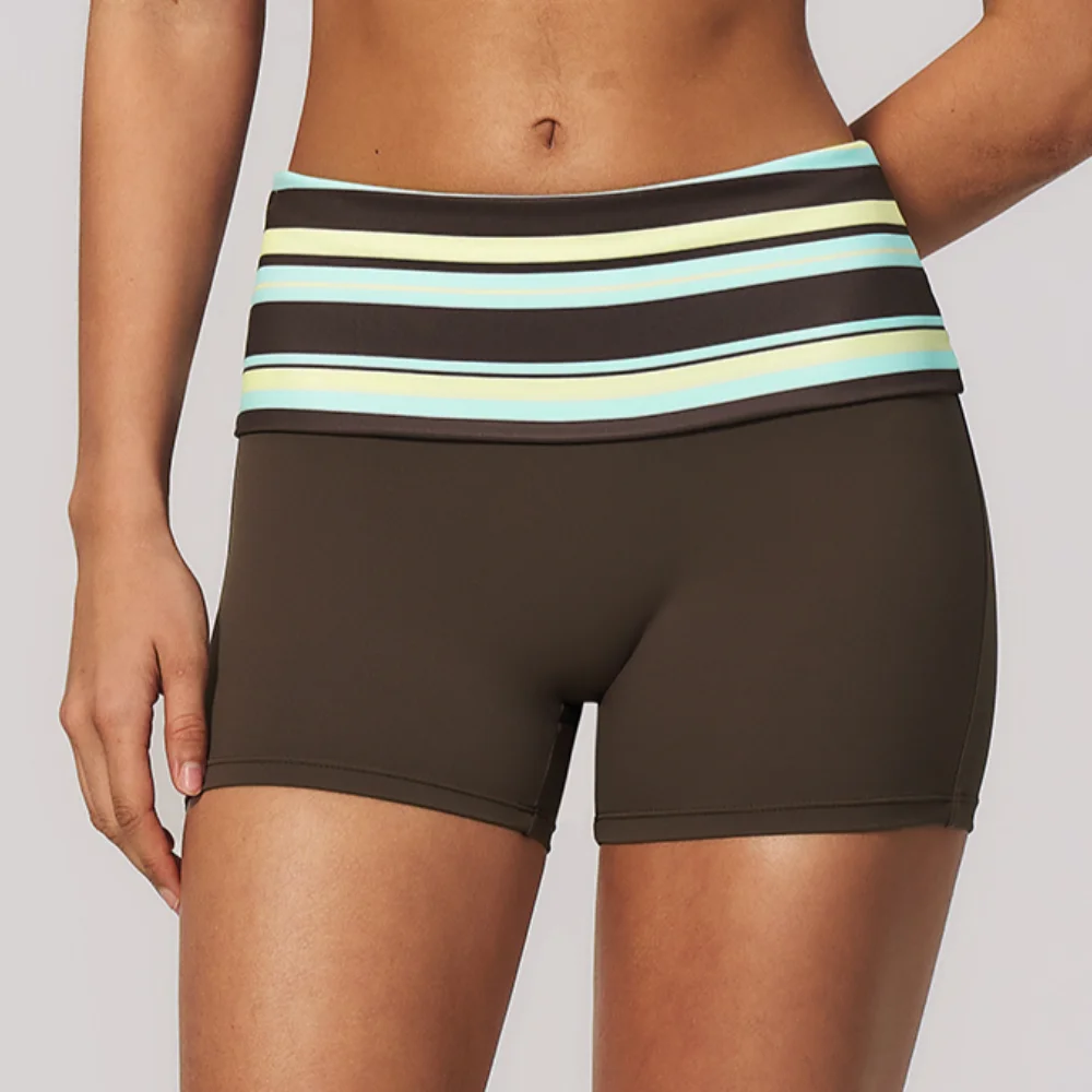 Women Shorts High Waist Foldover Yoga Shorts Stripe Polka Dot Butt Lifting Tummy Control Squat Proof Stretchy Workout Gym Shorts