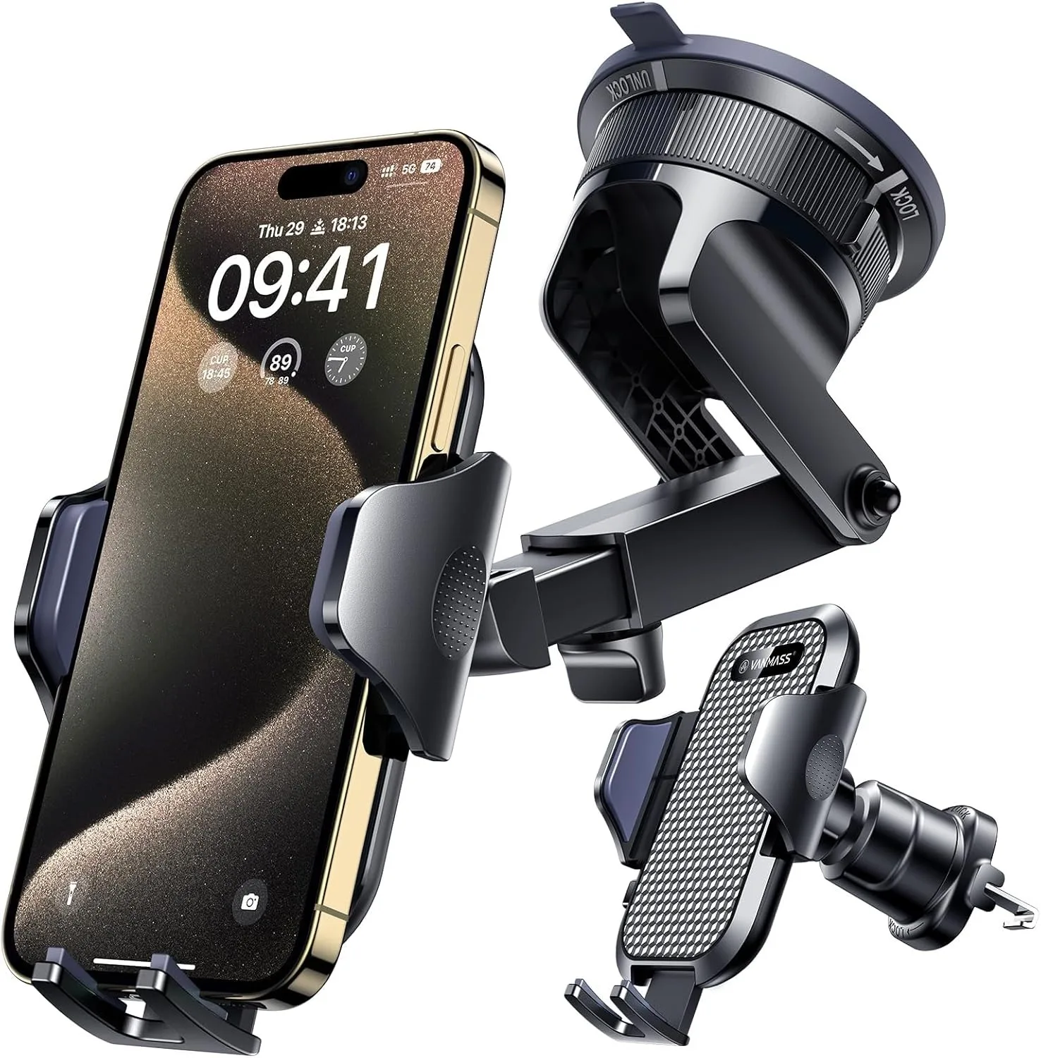 

Upgraded Strong Suction Car Phone Holder For Dashboard Windshield Vent iPhone Samsung Android Black