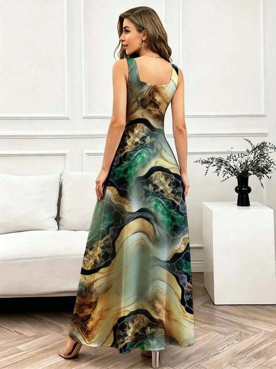 

Elegant Square Neck Abstract Marble Print Flowing Maxi Dress For Women