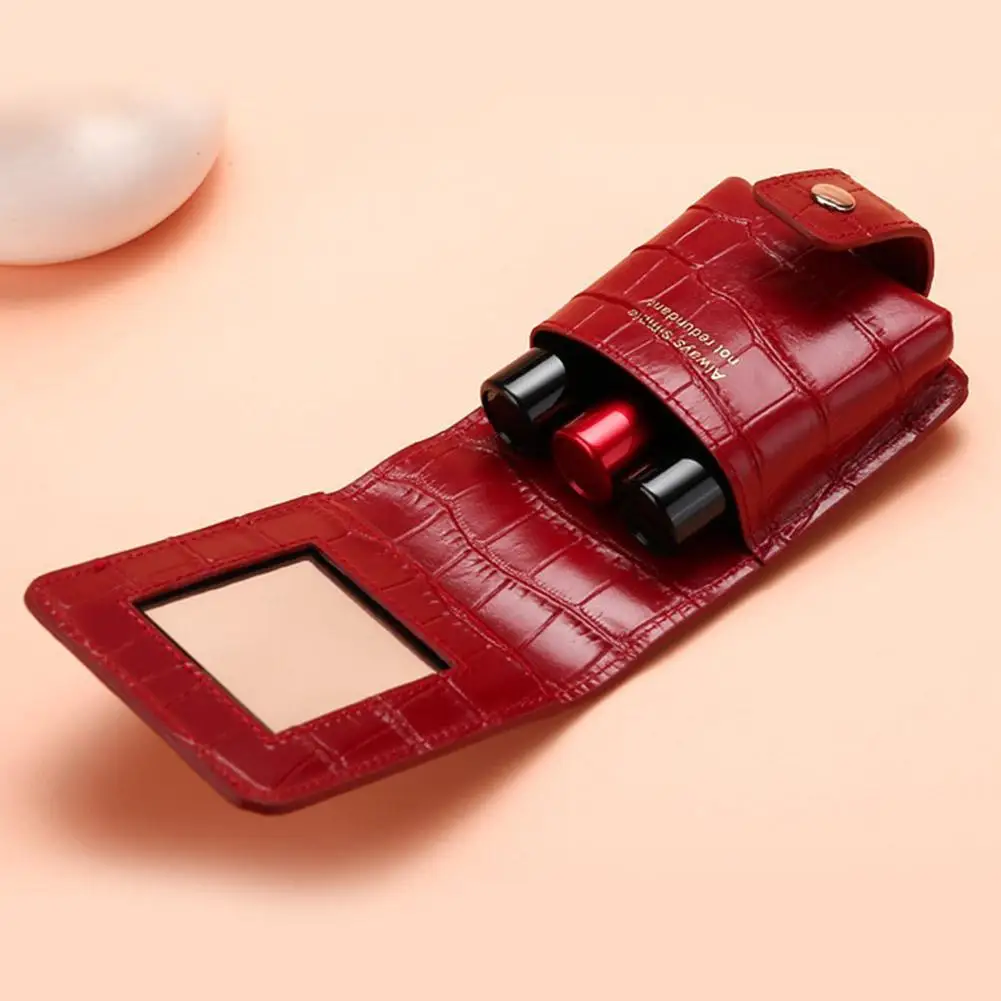 PU Lipstick Case Holder with Mirror Lipstick Holder Makeup Travel Cases Organizer Bag Mini Handheld Lipstick Pouch for Women