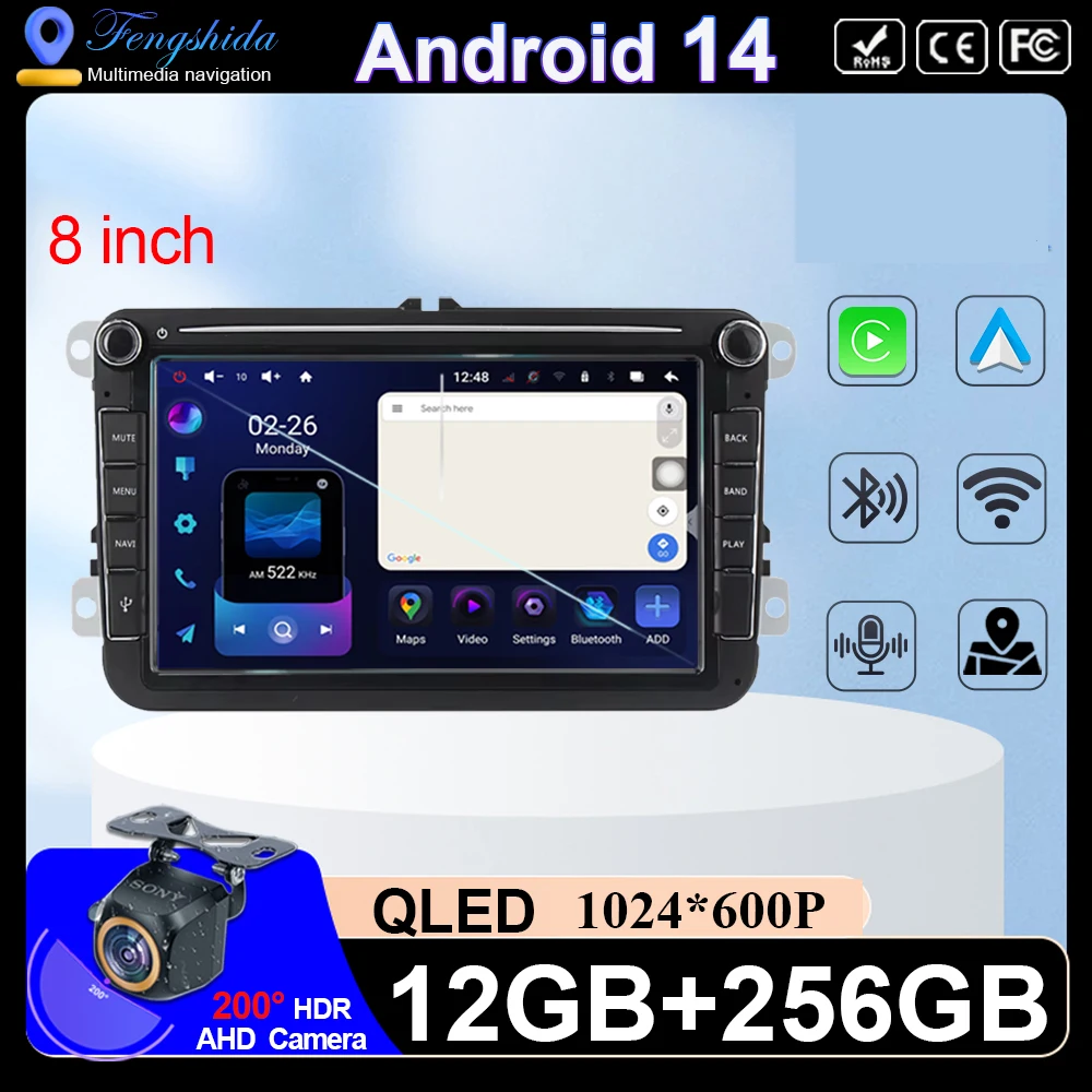

8 inch Android 14 For VW Passat golf Polo Jetta Skoda Car Head Unit Multimedia Player Radio Wireless Carplay 5G WIFI Smart DVD
