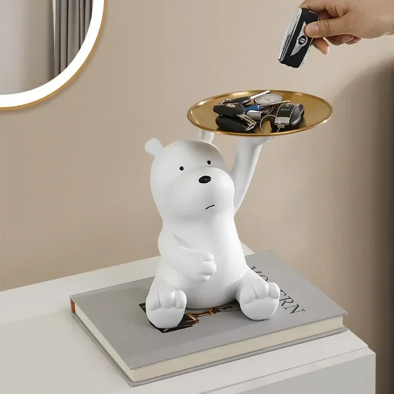 Lovely White Bear Statue W/tray Candy Key Storage Resin Statue Family Living Room Office Bedroom Decoration Decoration Animal