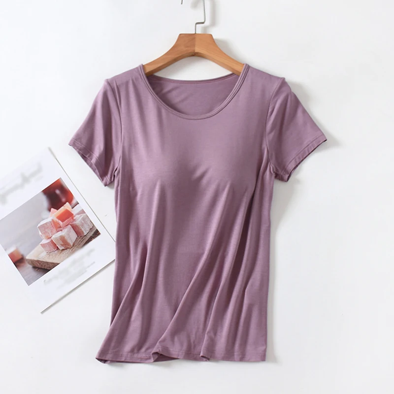 Women\'s Modal With Bra Pads Short-Sleeved Top Round Neck Thin Homewear T-Shirt Bottom Shirt Pajamas