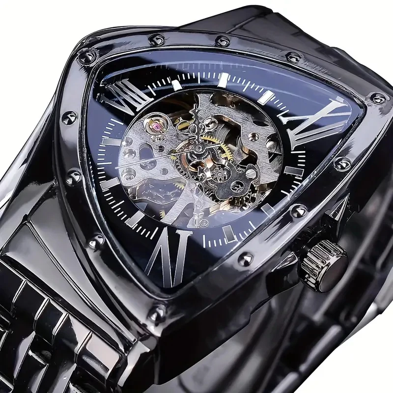 Cobra Series Triangular Business Casual Men's Mechanical Watch, Hollow Design, Stainless Steel Strap, European and American Style, High-End Luxury, Fashionable, Simple, Unique, Cool and Handsome, Trendy Men's Watch, the Best Gift for Him