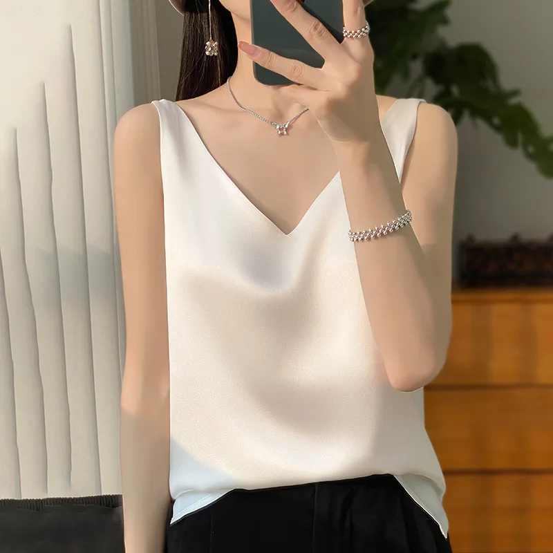 spring and summer ew Silk Satin Women Double Shoulder Camisole V-neck Sleeveless Top T-shirt Elegant Solid Casual Basic