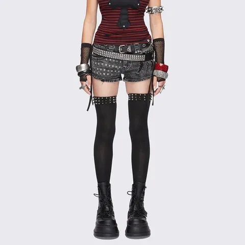 Y Demo Summer Punk Elastic Black Over-Knee Spikes Rivet Decorations Y2k Long Stocking