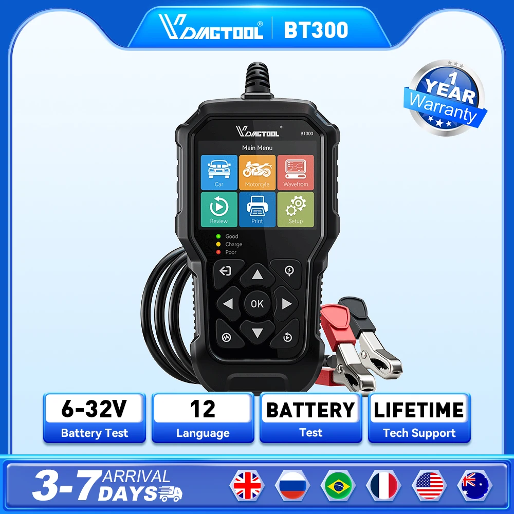 

VDIAGTOOL BT300 Car Battery Tester 6V 12V 100-2000 CCA Battery System Detect Auto Battery Analyzer Car Battery Tool