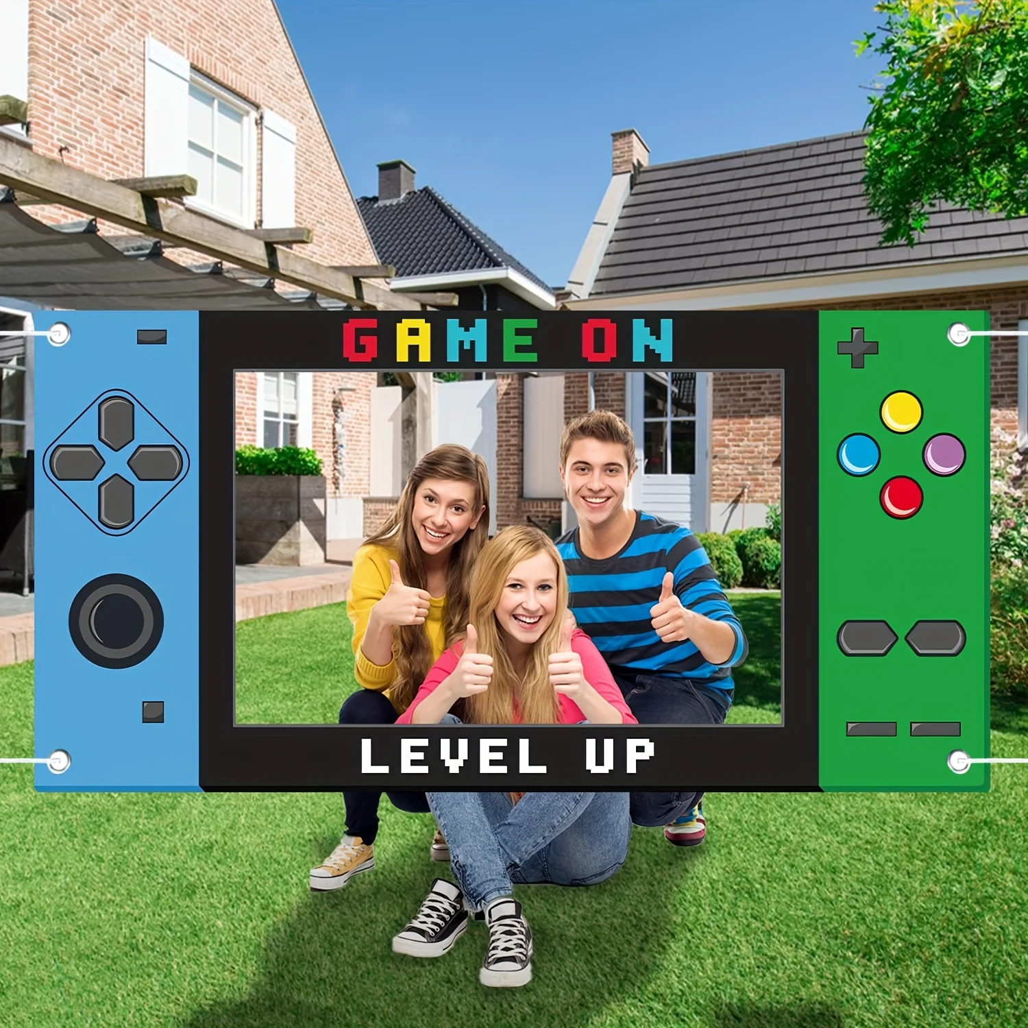 Game On Level Up Fotobox-Rahmen, Gamepad-Themen-Hintergrund für Videospiel-Geburtstagsparty Foto-Requisiten-Dekoration – Detail 3