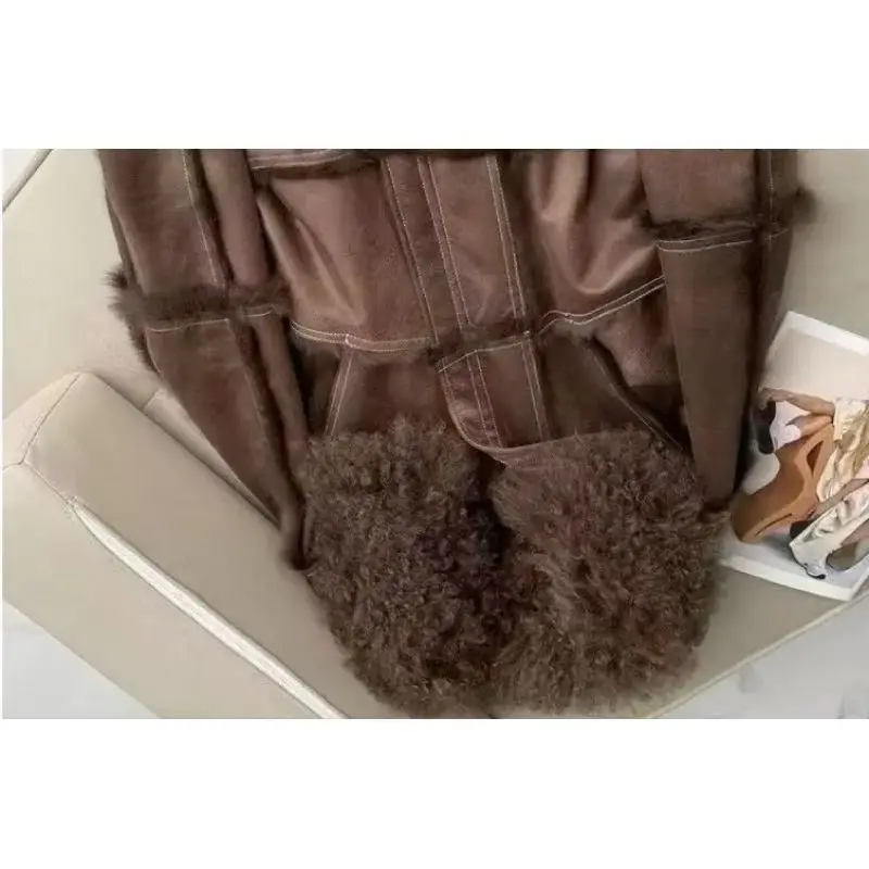 That Can Be Stand-up or Lapel Style A New Trendy and Cool Motorcycle Short Rabbit Skin One-piece Winter Versatile Patchwork Coat