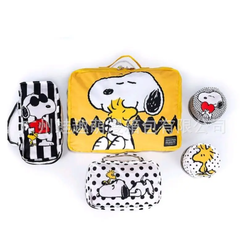 Snoopy cartoon printed polka dot dog zipper travel storage set five piece yellow cute portable toiletry bag