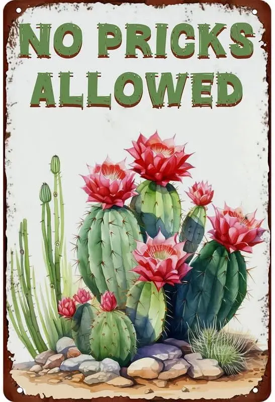 1p,Vintage No Pricks Allowed Metal Tin Sign Funny Wall Decor for Home Cafes Office Store Cacti Kitchen  Inches