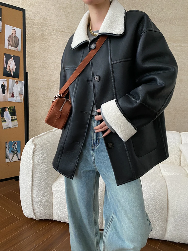 [EAM] Black Both Side Wear Thick Warm PU Leather Jacket New Lapel Long Sleeve Women Coat Fashion Tide Autumn Winter 2024 1DH7883