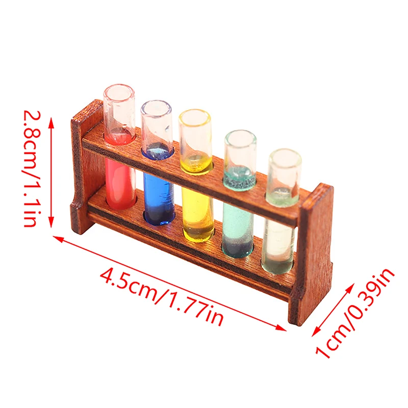 1Set Laboratory Glass Test Tubes with Wooden Rack Set 1:12 Dollhouse Miniature Accessory Decoration Ornament