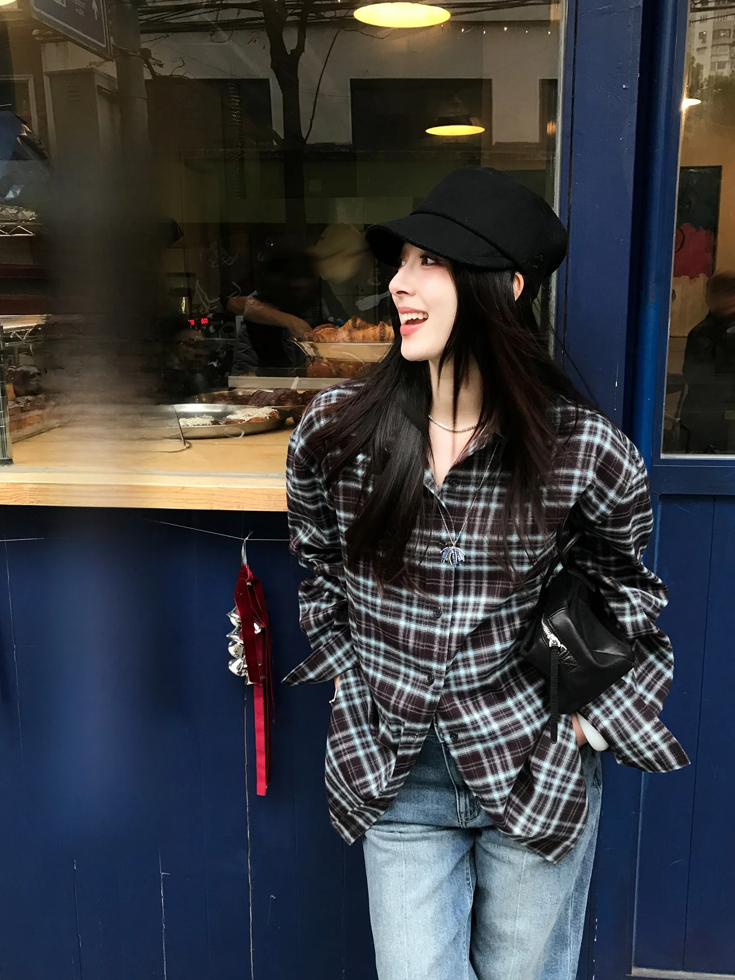 

Женская винтажная синяя клетчатая рубашка Aboutpoem с открытыми плечами, классическим воротником, из полиэстера, с длинными рукавами