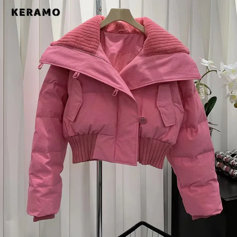 Women Casual Sweet Single Breasted Parkas 2024 Winter Elastic Waist Outerwear Jacket Long Sleeve Warm Patchwork Thick Coat