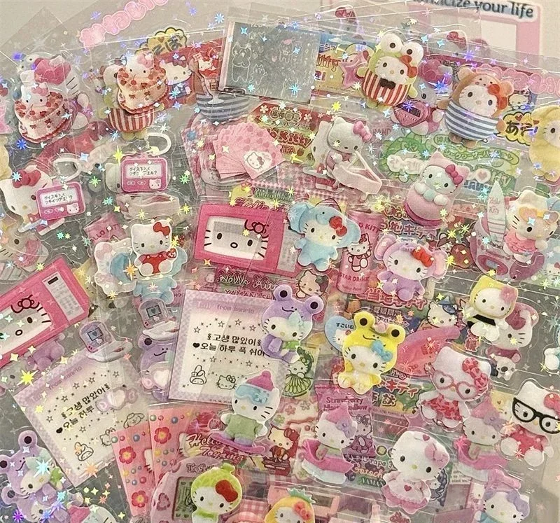 5PCS Adesivos de Desenho Animado Hello Kitty Rilakkuma, Adesivos de Material para Cadernos de Anime, Adesivos Laser Brilhantes
