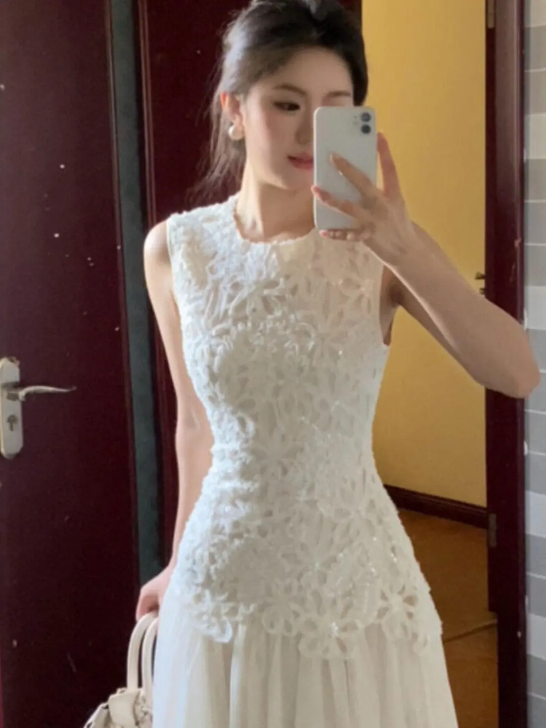 

Slimming Effect Vest Dress Fairy Skirt Style Summer Casual Wear Cotton High Waist Lace Detailing Ageless Design for Ladies