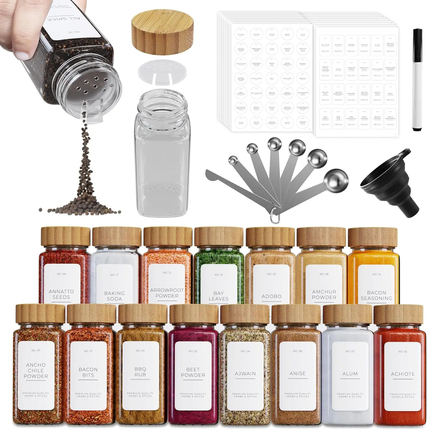 

36 Pcs Spice Jars With Bamboo Lids - Glass Spice Jars with 600 Spice Jar Labels, 7pc Measuring Spoon Set, Funnel, and More