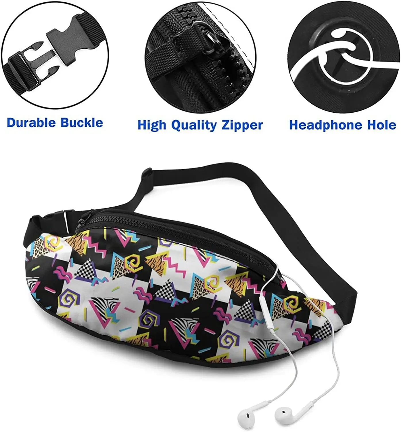 Retro Black and White Vintage 80s Casual Fanny Waist Pack Adjustable Belt Waist Bag for Traveling Hiking Cycling Running