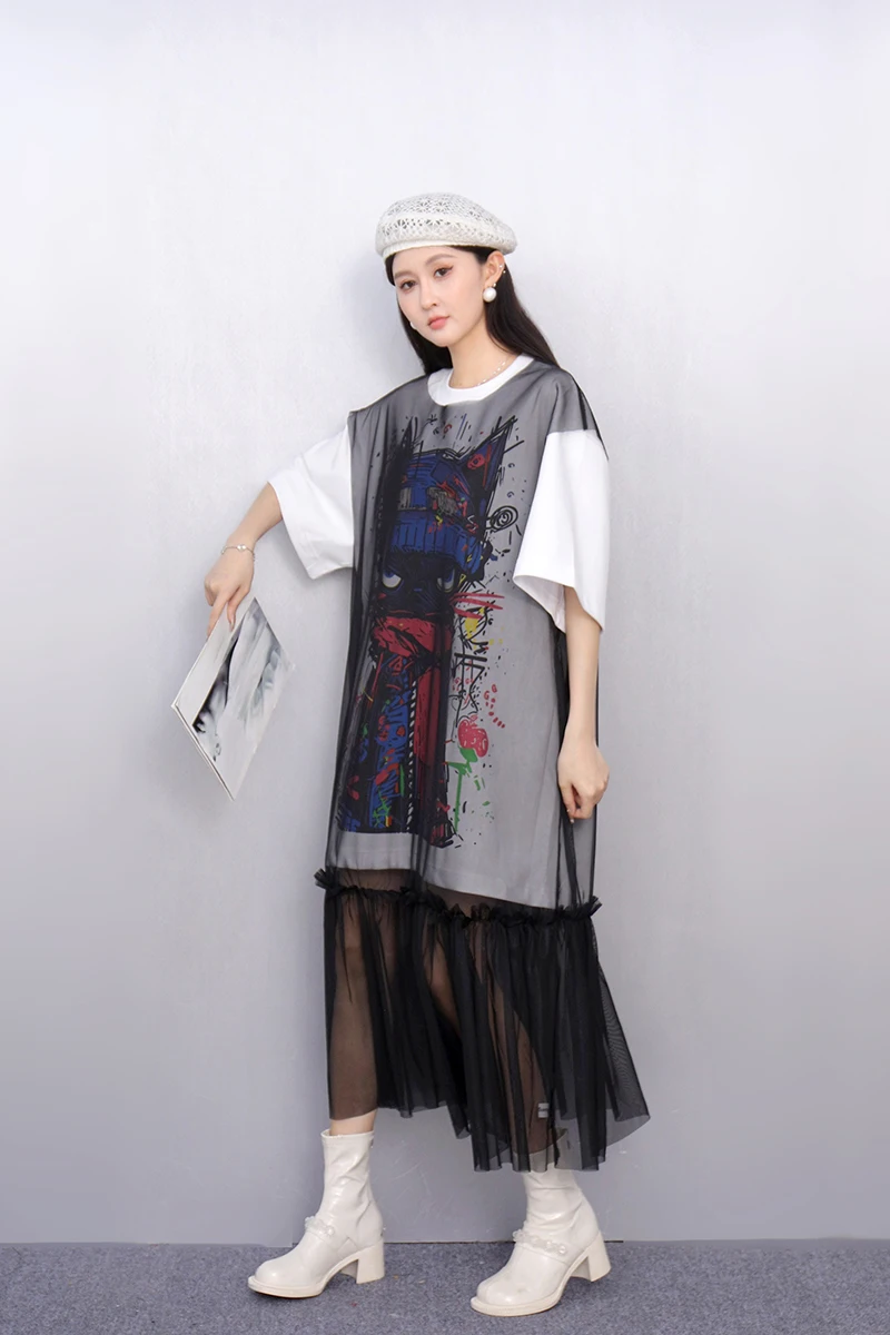 2025 夏のファッションエレガントなルーズメッシュロング Tシャツドレス女性半袖ドレスレディース卸売 J1124