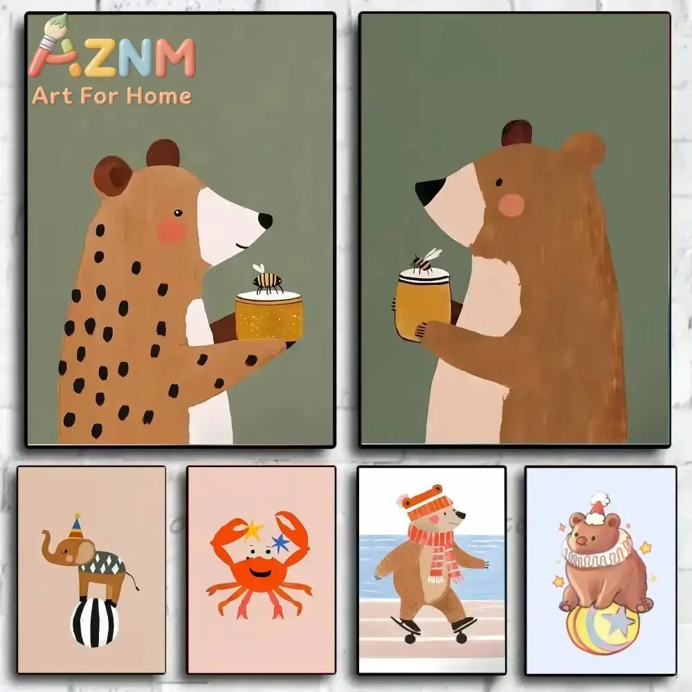 Cute Cartoon Animal Brown Bear Tiger Circus Animal Abstract Poster Self-adhesive Art Waterproof Paper Sticker Coffee House Bar