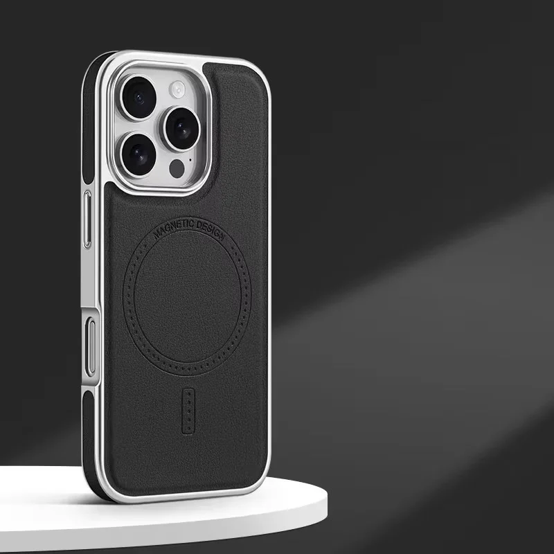 Luxuriöse Plating-Rahmen PU-Lederhülle für iPhone 13 14 15 16 17 18 Pro Max mit Magsafe Magnetischer Drahtloser Ladefunktion Stoßfeste Abdeckung – Detail 7