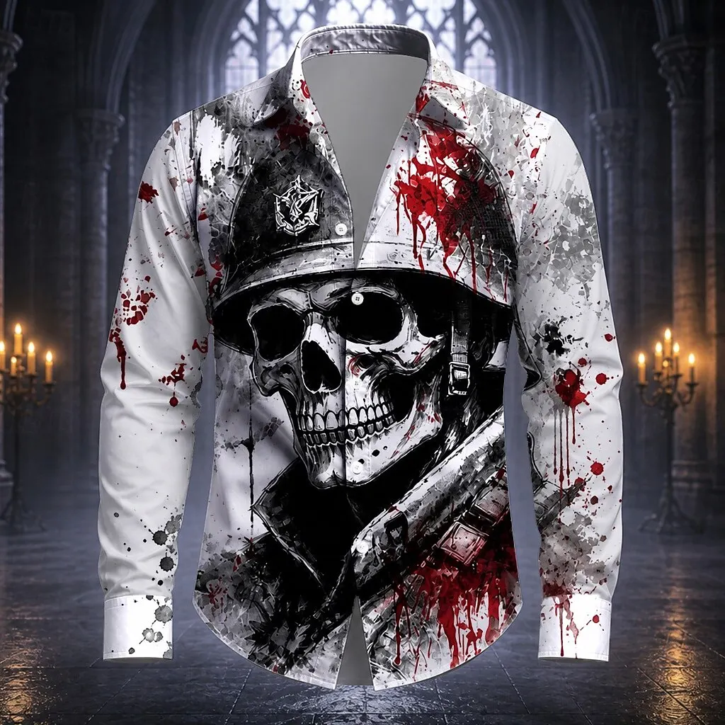 Men 3D Print Long Sleeve Shirt Soldier Skull Blood Splash Lapel Button Down Shirt Halloween Horror Casual Unisex Tops