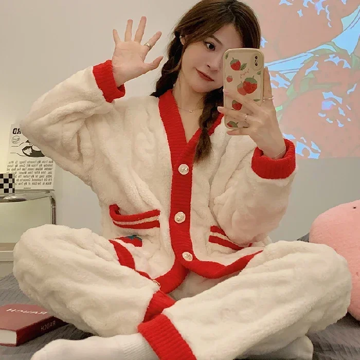 Autumn Winter Women Pyjamas Sets Long Sleeve Rest Sleepwear Female 2 Piece Pajamas Warm Flannel Thick Buttons Cardigan Homewear