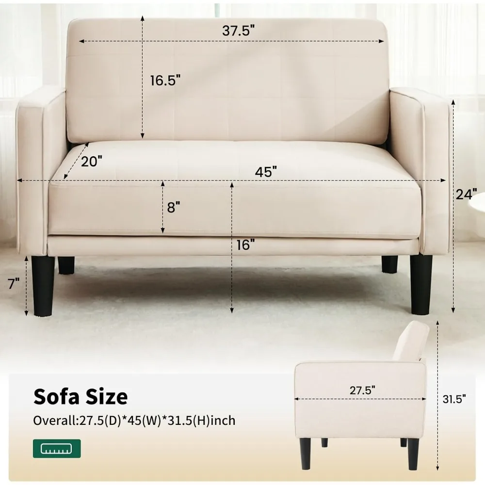 Sofá loveseat compacto 45 bege: capa confortável e removível, espuma de alta densidade, estrutura de madeira maciça
