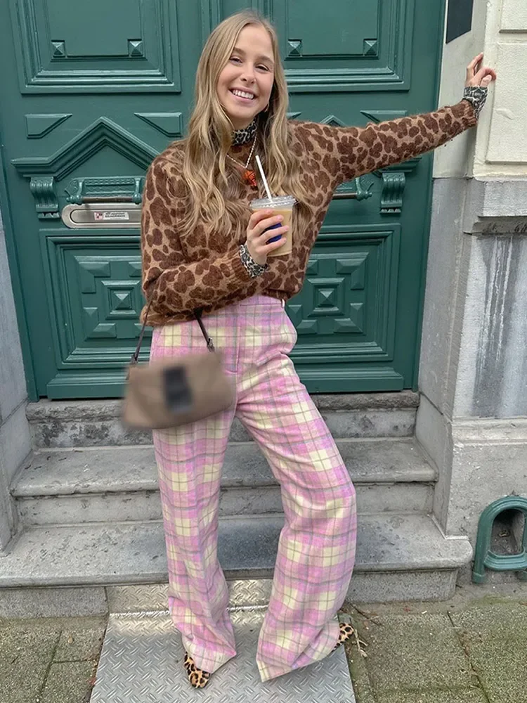 Pantalones largos a cuadros con estampado para mujer, Pantalón recto de cintura alta con botones y bolsillos a la moda, pantalón de calle alta para primavera 2025