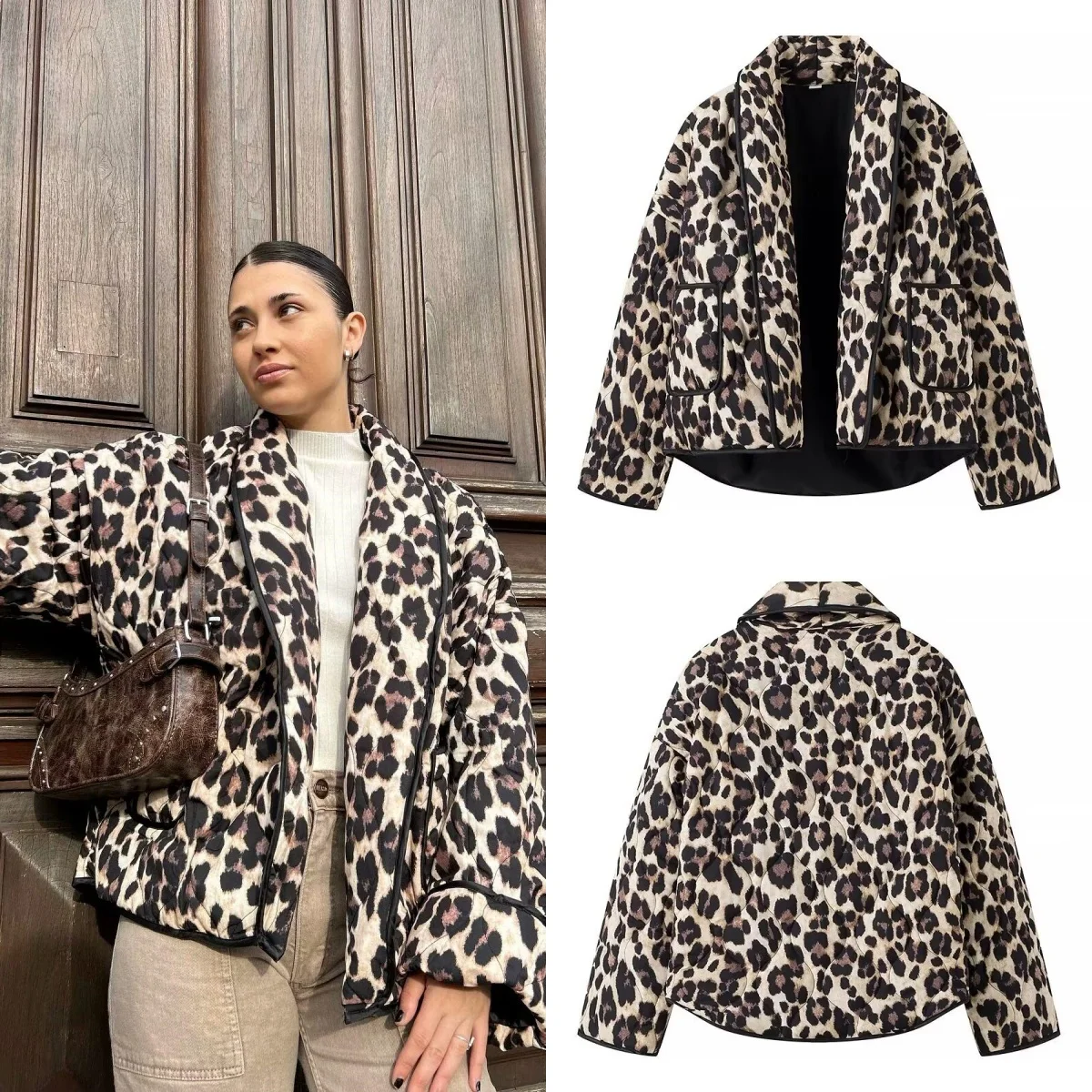 PB&ZA 2024 Early Autumn New Women\'s Fashion Versatile Long Sleeve Leopard Print Buttonless Slim Jacket