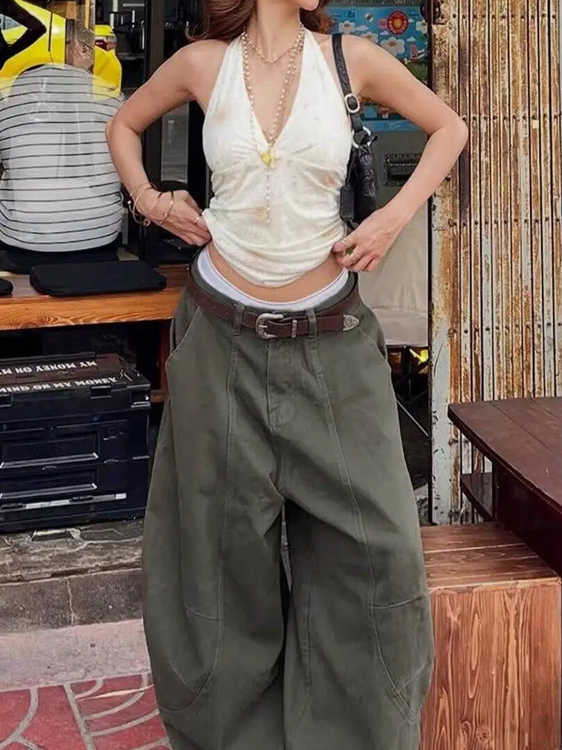 Women's Summer Retro Washed Distressed Straight Tube Wide Leg Jeans American Style Casual Loose Deep Green Denim Trousers