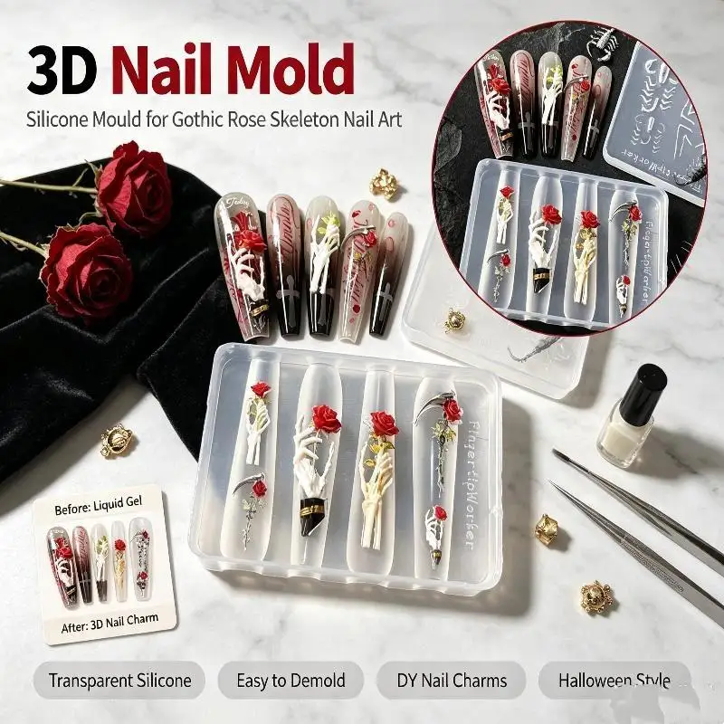 Rose Flower Skull Silicone Nail Art Molds DIY Skeleton Hand Transparent Nail Decoration Molds