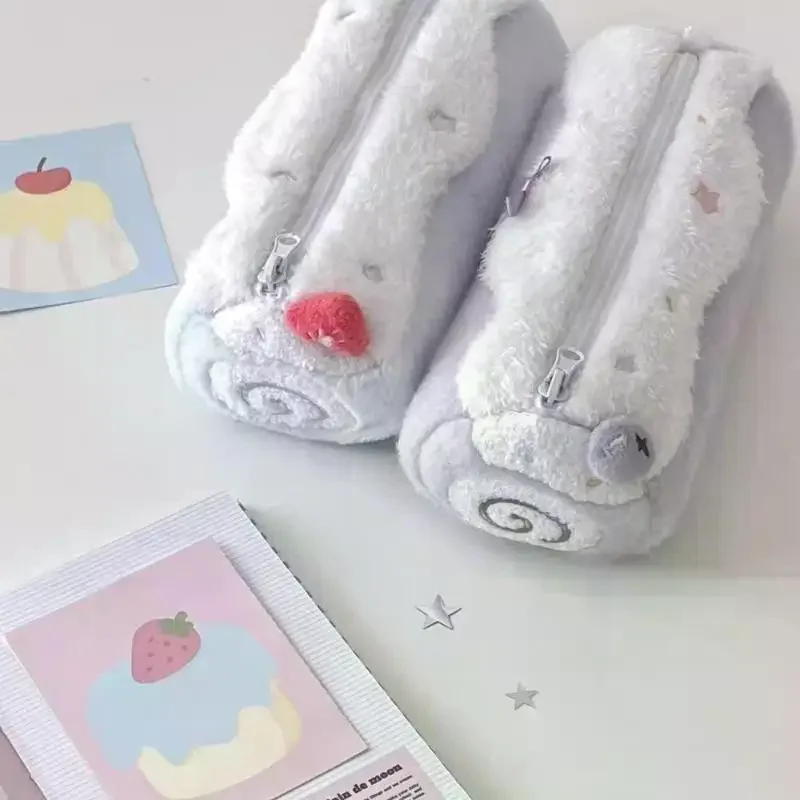 Cute Cream Swiss Roll Plush Pencil Case Large Capacity School Student Stationery Storage Bag
