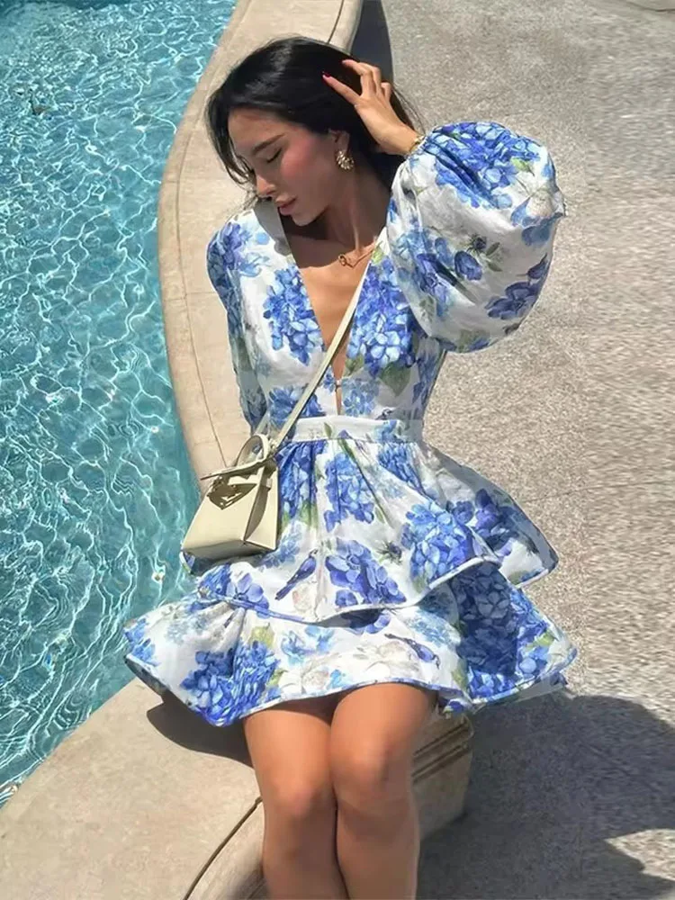 FSMG Fashion Deep V Neck Print Ruffles Dress Elegant Lantern Sleeve Mini Sexy Short Skirt European Holiday Banquet Fluffy Robe