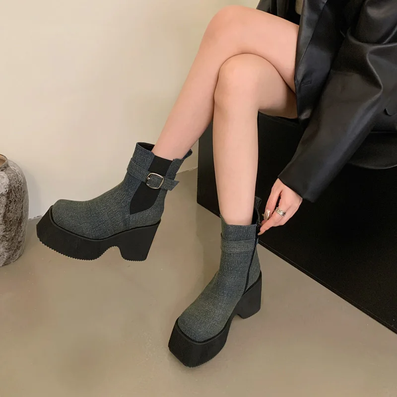 Black Platform Boots Punk Shoes Blue Denim Ankle Boots For Women Chunky High Heels ladies Shoes Botines De Mujer