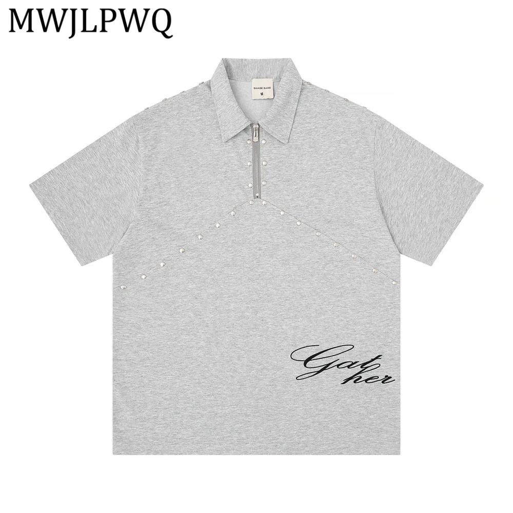 

MWJLPWQ Heavy Metal Style Short-Sleeve T-Shirt Men's Shirt Summer Ins American Lapel Trendy Loose Casual Tops Summer Chic 15211