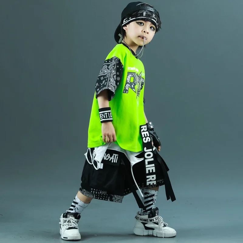 소년 힙합 streetwear 세트 녹색 짧은 소매 티셔츠 블랙 반바지 멋진 스트리트 댄스 의상 그룹 무대 공연 의류