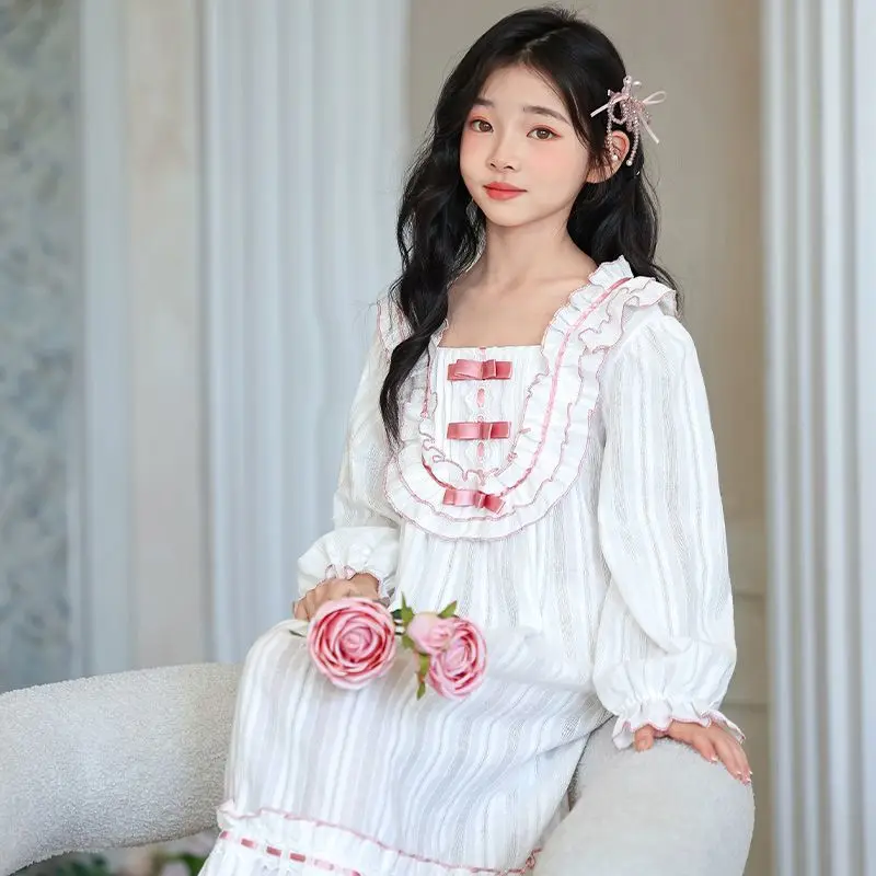 Children Cute Lolita Pajamas Student Home Clothes Korean Style Girls Nightgown Spring Autumn Pure Cotton Long Sleeve Sleepwear