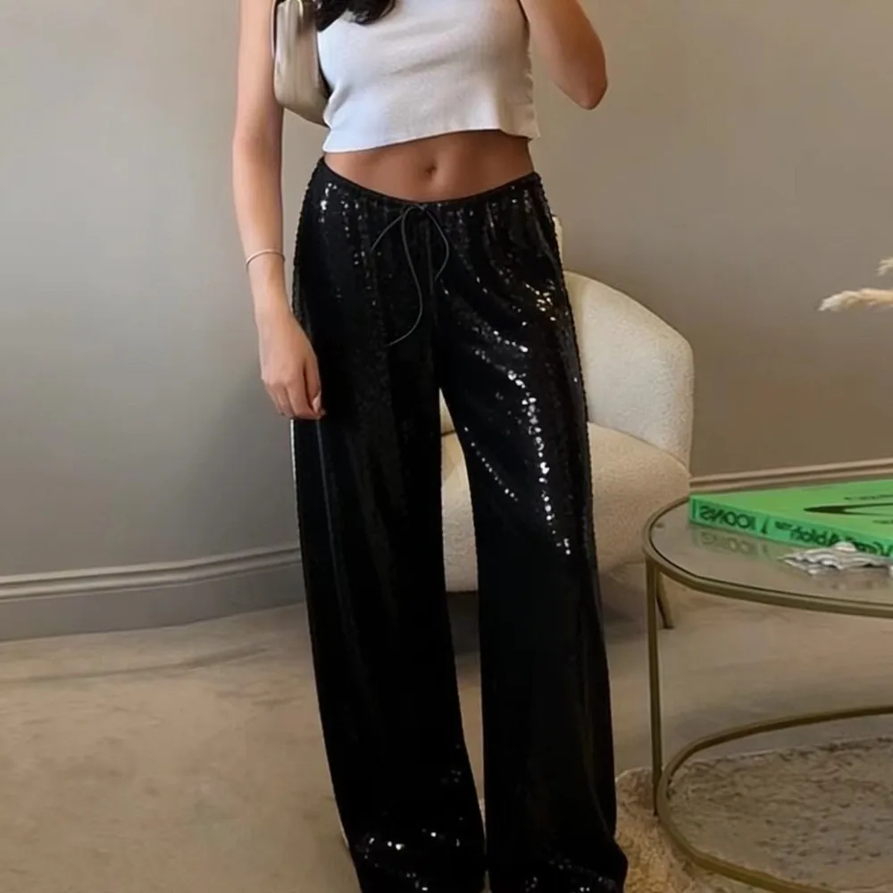 Fashion Drawstring High Waist Sequin Pants Loose Long Length Wide Leg Pants Solid Color Casual Trousers for Women