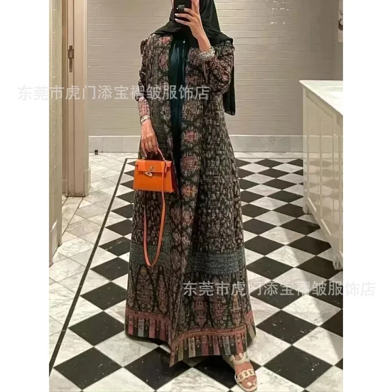 Pleated Vintage Printed Turn-down Collar Long Sleeve Long Jacket Women Designer Abaya New Dubai Fashion Plus Size Coats