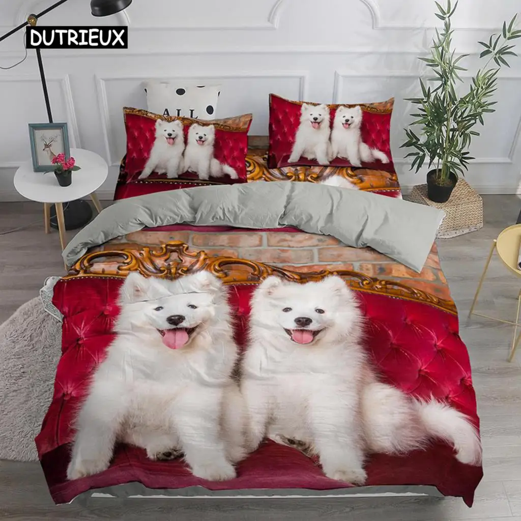 Dog Duvet Cover Set King Size Cute Samoyed Smiling Angel Twin Bedding Set for Kids Teens Girl Lovely Puppy Polyester Quilt Cover