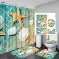 Starfish and Shell Bathroom 4-piece Set, Including Shower Curtain + Anti-slip Mat + Toilet Cover, Summer Ocean Atmosphere