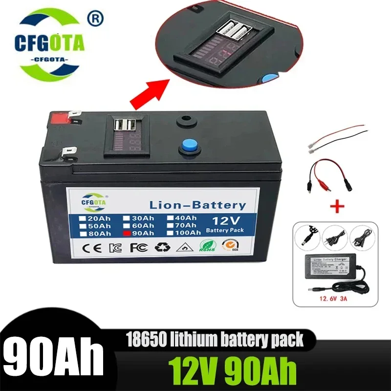 Nuevo Paquete de batería de iones de litio 18650 12V 90Ah, BMS integrado, para pulverizador, vehículo eléctrico, lámpara LED, batería de litio de alta capacidad