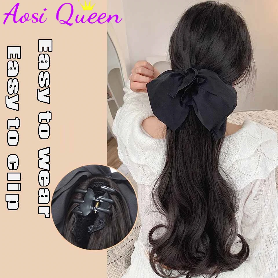 AOSI Synthetic Bow Wig Ponytail Female Clamping Style Big Wave Low Ponytail Long Hair Artificial Hair Braided Curly Ponytail