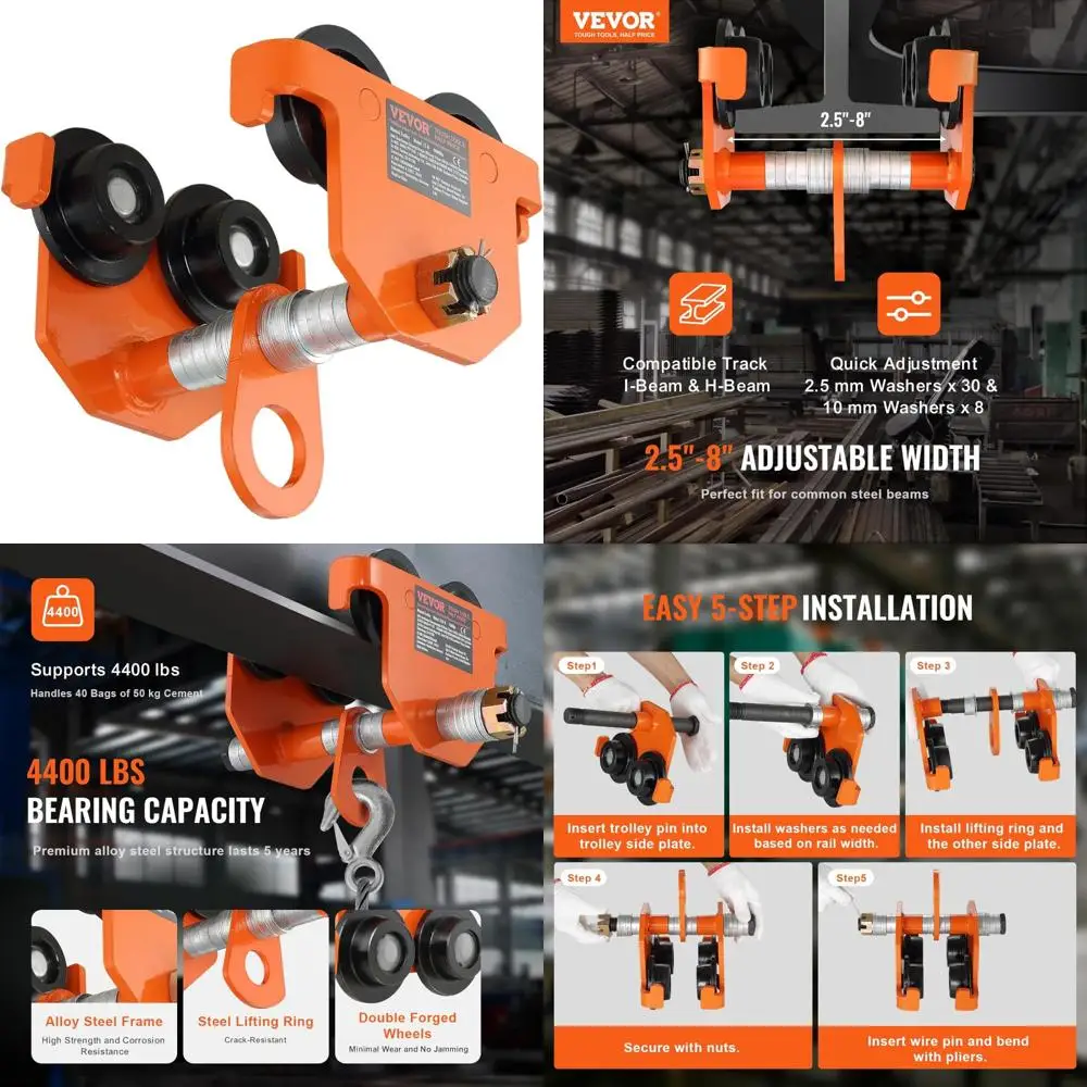 

Двухколесная тележка с толкающей балкой для 2-тонной грузоподъемности, регулируемая ширина фланца i-образного луча до 2,5 дюйма, сверхмощная ручная тележка