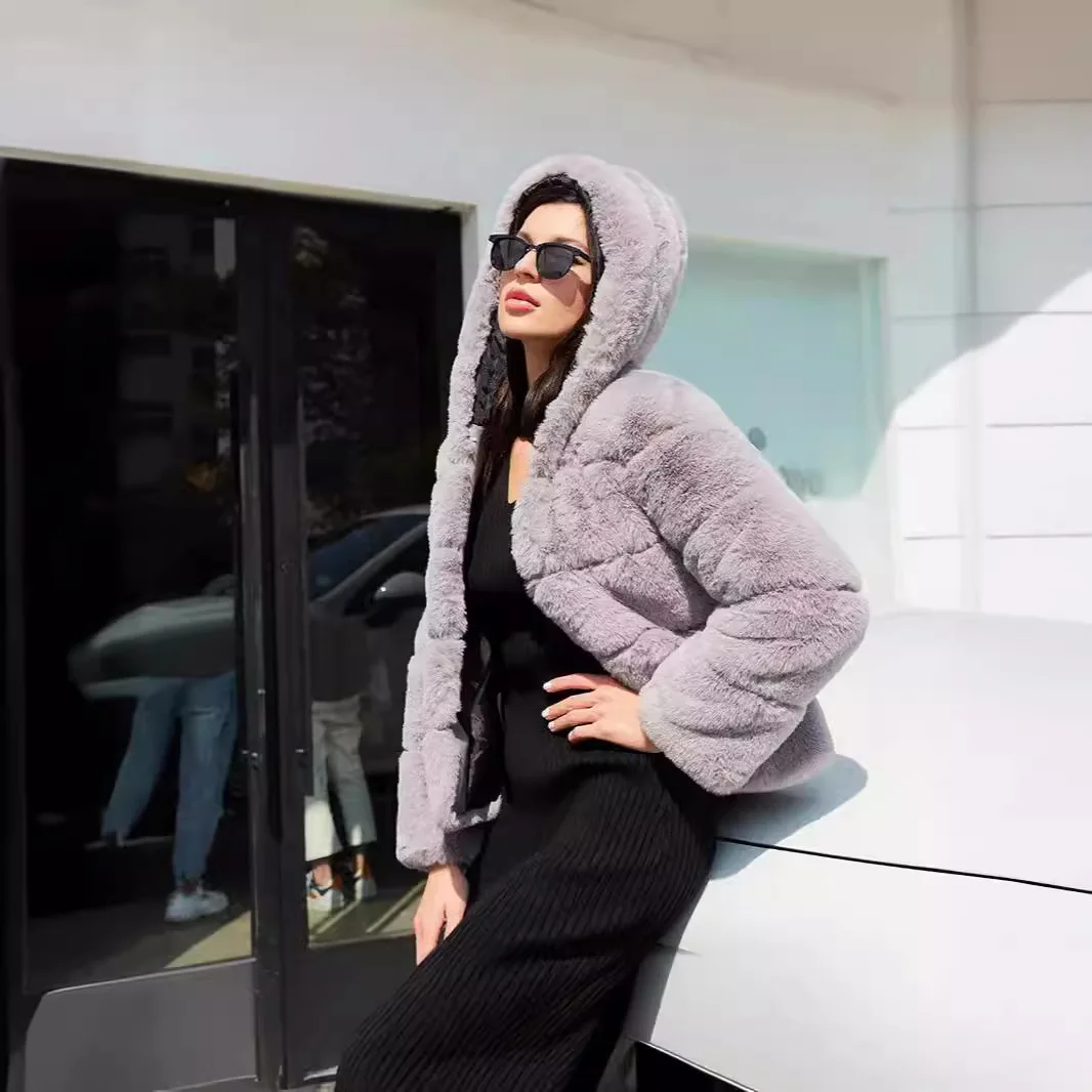 

KIDCRKJ Women Winter Imitation Fur Outwear Stylish Fur Trim Hood Slim Faux Fur Coat For Female Commuting Casual Lady Fur Jacket
