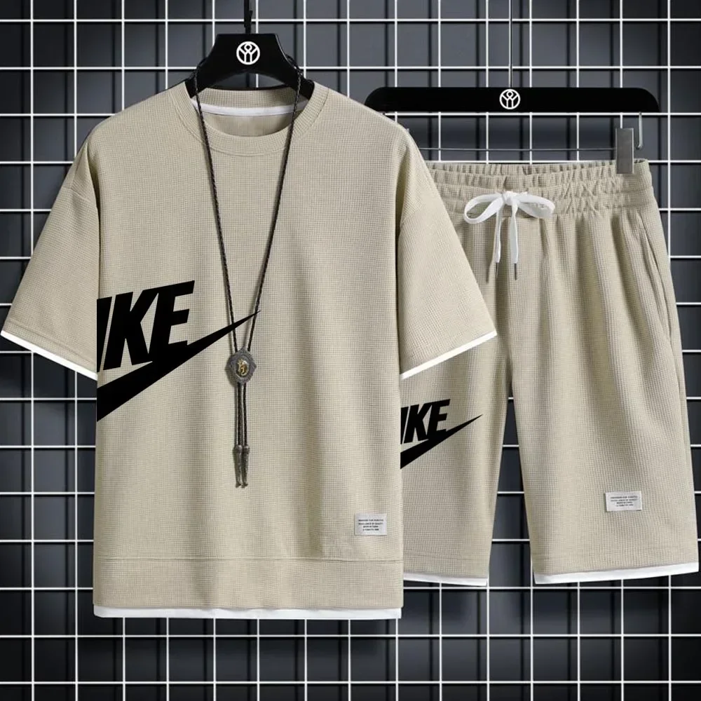 2025 Men's casual two-piece tracksuit Short sleeve and pants Summer Sports Fitness Jogging men's waffle suit fake two pieces