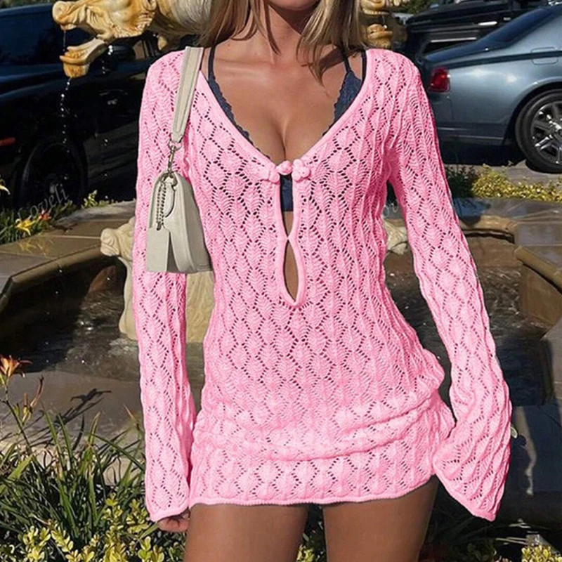 Copricostume da spiaggia a maniche lunghe casual slim fit da donna, abito corto lavorato a maglia alla moda semplice, grembiule con protezione solare per le vacanze primaverili e autunnali